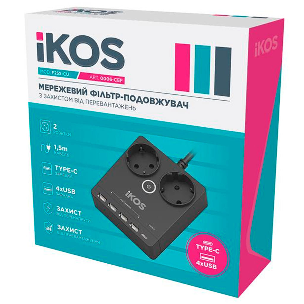 Сетевой удлинитель Ikos F25S-CU, 1.5 м., Черный - № 5 Сетевой удлинитель Ikos F25S-CU, 1.5 м., Черный - № 5