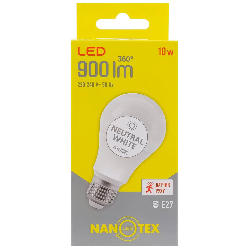 Лампа LED з датчиком руху NANOTEX A60, 10Вт, Е27, 4100К, 220В - № 1 Лампа LED з датчиком руху NANOTEX A60, 10Вт, Е27, 4100К, 220В - № 1