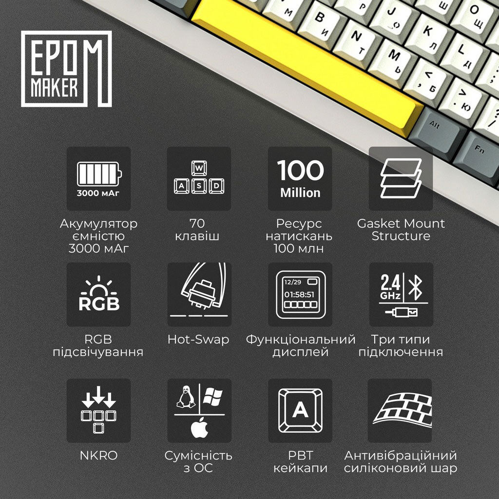 Клавиатура Epomaker Shadow-X 70%, Белый - № 5 Клавиатура Epomaker Shadow-X 70%, Белый - № 5
