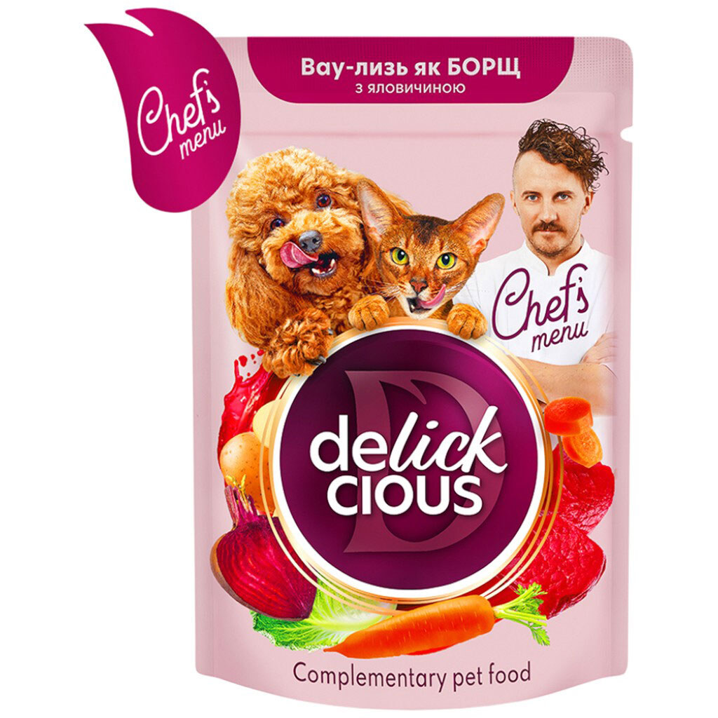 Корм для кошек, собак DELICKCIOUS вкус борща из говядины пауч 85 г - № 1 Корм для кошек, собак DELICKCIOUS вкус борща из говядины пауч 85 г - № 1