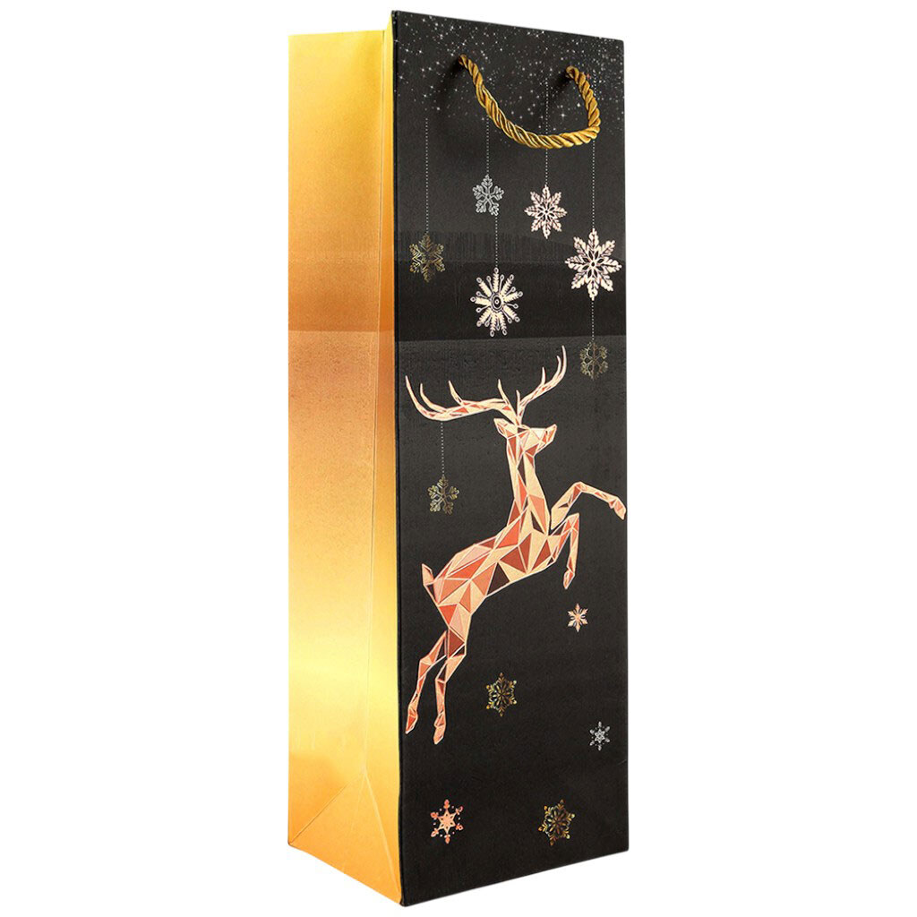 Пакет подарочный бумажный для бутылки "Рождественский" черный, 12х35х9 см. - № 2 Пакет подарочный бумажный для бутылки "Рождественский" черный, 12х35х9 см. - № 2