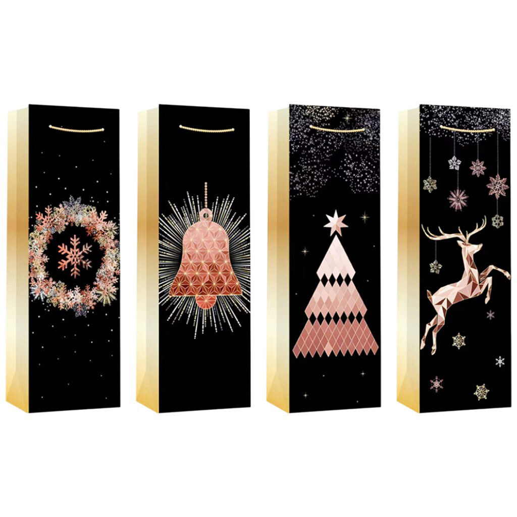 Пакет подарочный бумажный для бутылки "Рождественский" черный, 12х35х9 см. - № 3 Пакет подарочный бумажный для бутылки "Рождественский" черный, 12х35х9 см. - № 3