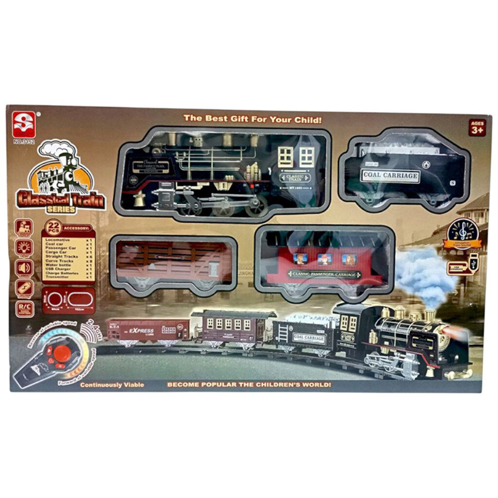 Железная дорога на радиоуправлении: аккумулятор 3.7 V, пульт 2.4 GHz, локомотив, 3 вагона, звуки, подсветка, парогенератор, в коробке, Mic - № 1 Железная дорога на радиоуправлении: аккумулятор 3.7 V, пульт 2.4 GHz, локомотив, 3 вагона, звуки, подсветка, парогенератор, в коробке, Mic - № 1