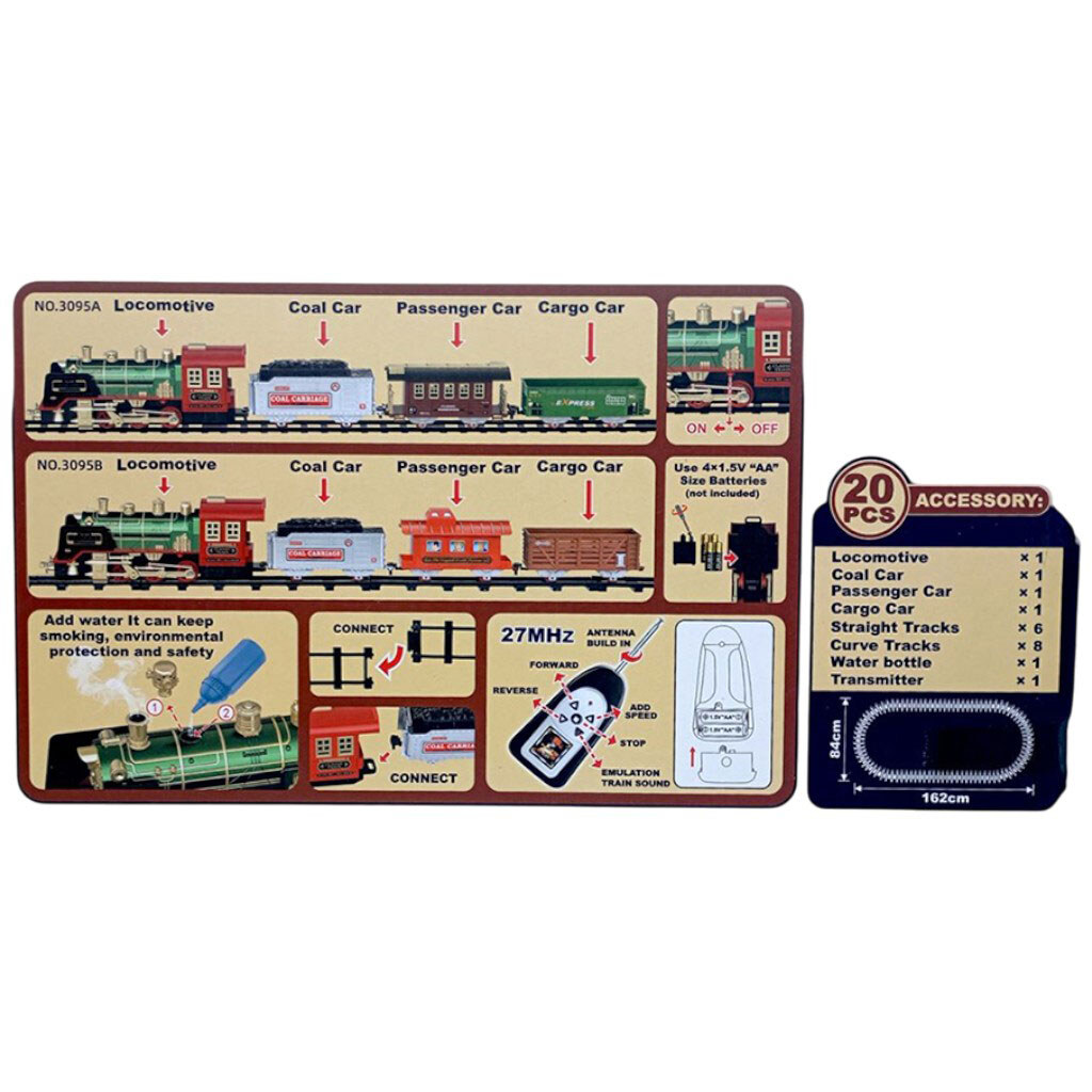 Железная дорога на радиоуправлении: аккумулятор 3.7 V, пульт 2.4 GHz, локомотив, 3 вагона, звуки, подсветка, парогенератор, в коробке, Mic - № 2 Железная дорога на радиоуправлении: аккумулятор 3.7 V, пульт 2.4 GHz, локомотив, 3 вагона, звуки, подсветка, парогенератор, в коробке, Mic - № 2