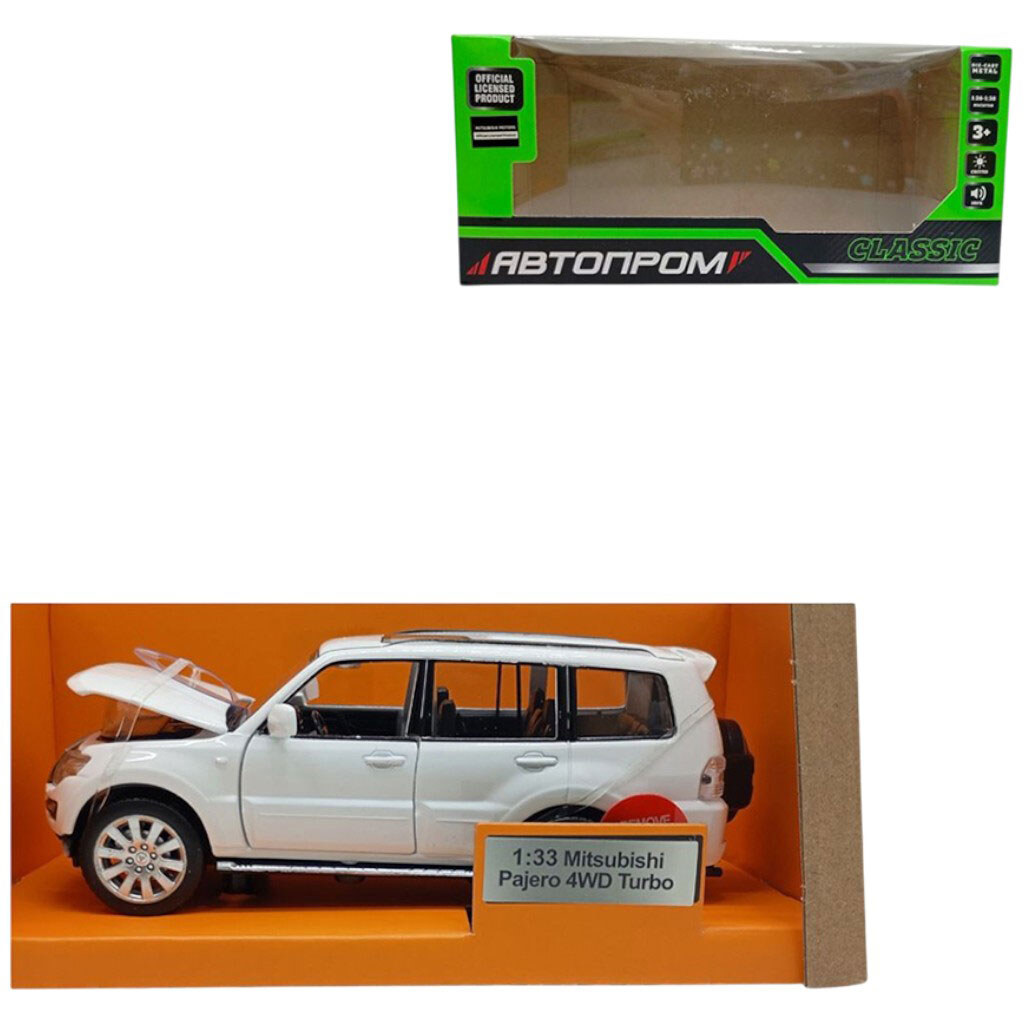 Машина металлическая 1:33 "Mitsubishi Pajero 4WD капот, багажник Turbo", бат., свет, звук, откр. дверь, Автопром - № 1 Машина металлическая 1:33 "Mitsubishi Pajero 4WD капот, багажник Turbo", бат., свет, звук, откр. дверь, Автопром - № 1