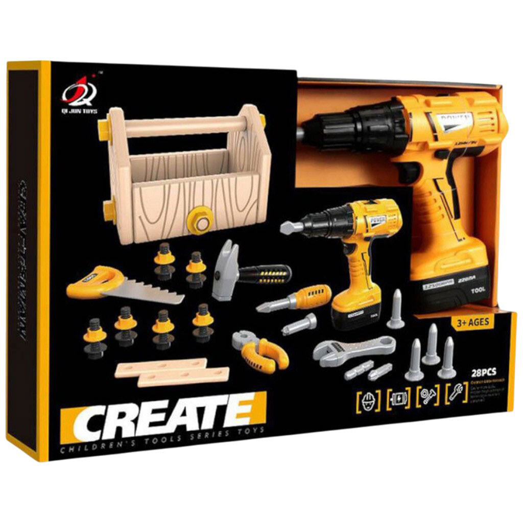 Набір інструментів: 30 елементів, шуруповерти на батарейках, ящик для інструментів, бруски для тренування, в коробці, Qi Jun Toys - № 1 Набір інструментів: 30 елементів, шуруповерти на батарейках, ящик для інструментів, бруски для тренування, в коробці, Qi Jun Toys - № 1