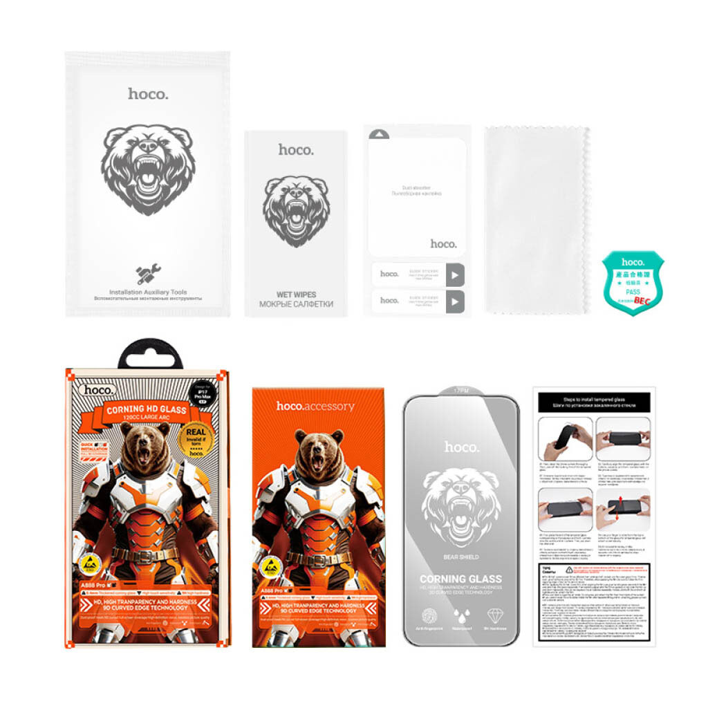 Захисне скло Apple iPhone 17 Pro, Hoco A888 Pro Bear, Чорний - № 6 Захисне скло Apple iPhone 17 Pro, Hoco A888 Pro Bear, Чорний - № 6