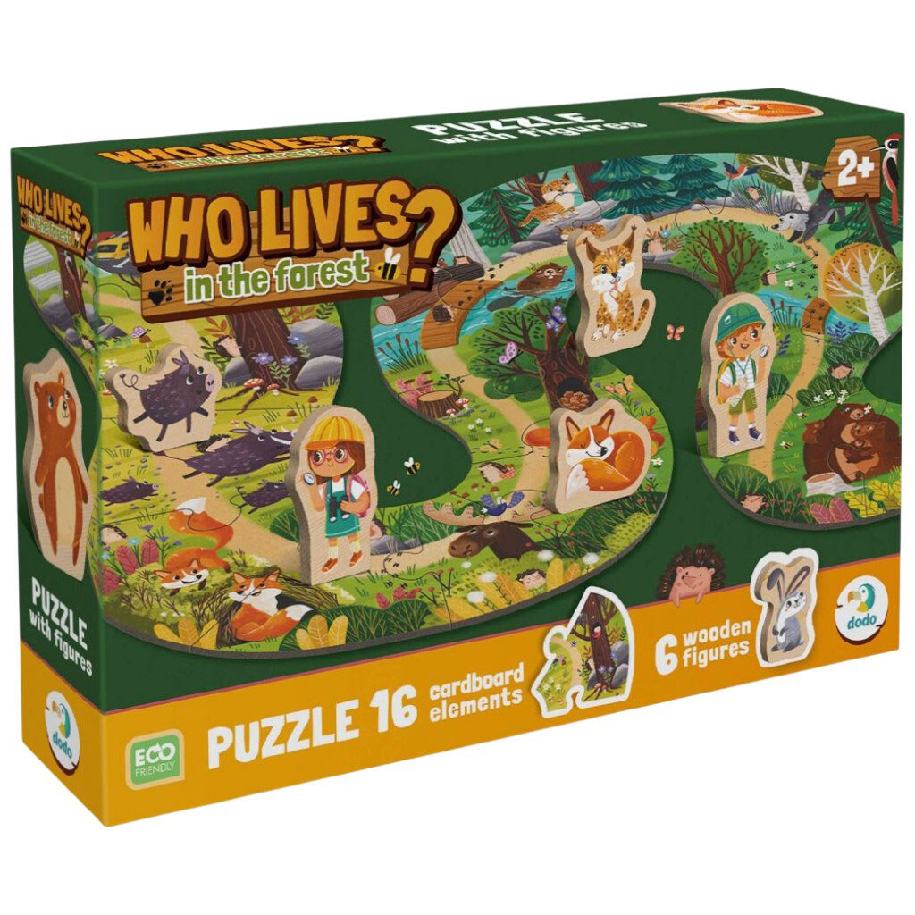 Пазл "Кто живет в лесу?", 16 картонных деталей + 6 деревянных фигурок, Dodo - № 1 Пазл "Кто живет в лесу?", 16 картонных деталей + 6 деревянных фигурок, Dodo - № 1