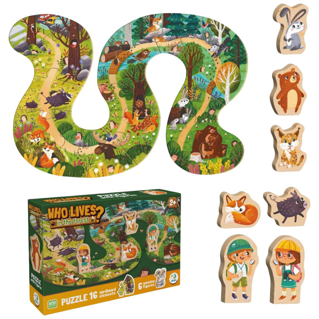 Пазл "Кто живет в лесу?", 16 картонных деталей + 6 деревянных фигурок, Dodo - № 2 Пазл "Кто живет в лесу?", 16 картонных деталей + 6 деревянных фигурок, Dodo - № 2