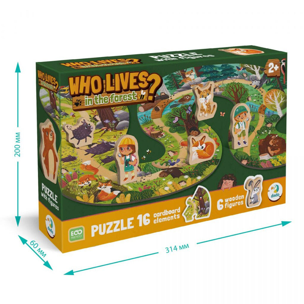 Пазл "Кто живет в лесу?", 16 картонных деталей + 6 деревянных фигурок, Dodo - № 6 Пазл "Кто живет в лесу?", 16 картонных деталей + 6 деревянных фигурок, Dodo - № 6