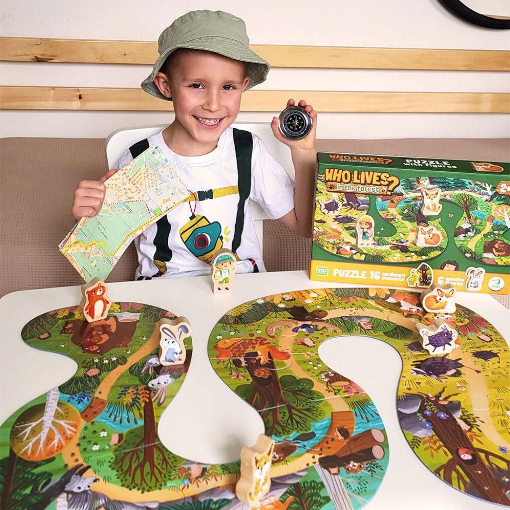 Пазл "Кто живет в лесу?", 16 картонных деталей + 6 деревянных фигурок, Dodo - № 9 Пазл "Кто живет в лесу?", 16 картонных деталей + 6 деревянных фигурок, Dodo - № 9