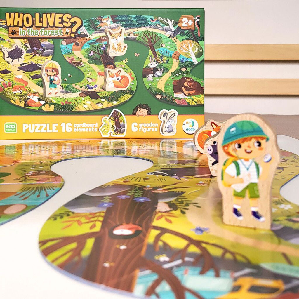 Пазл "Кто живет в лесу?", 16 картонных деталей + 6 деревянных фигурок, Dodo - № 10 Пазл "Кто живет в лесу?", 16 картонных деталей + 6 деревянных фигурок, Dodo - № 10