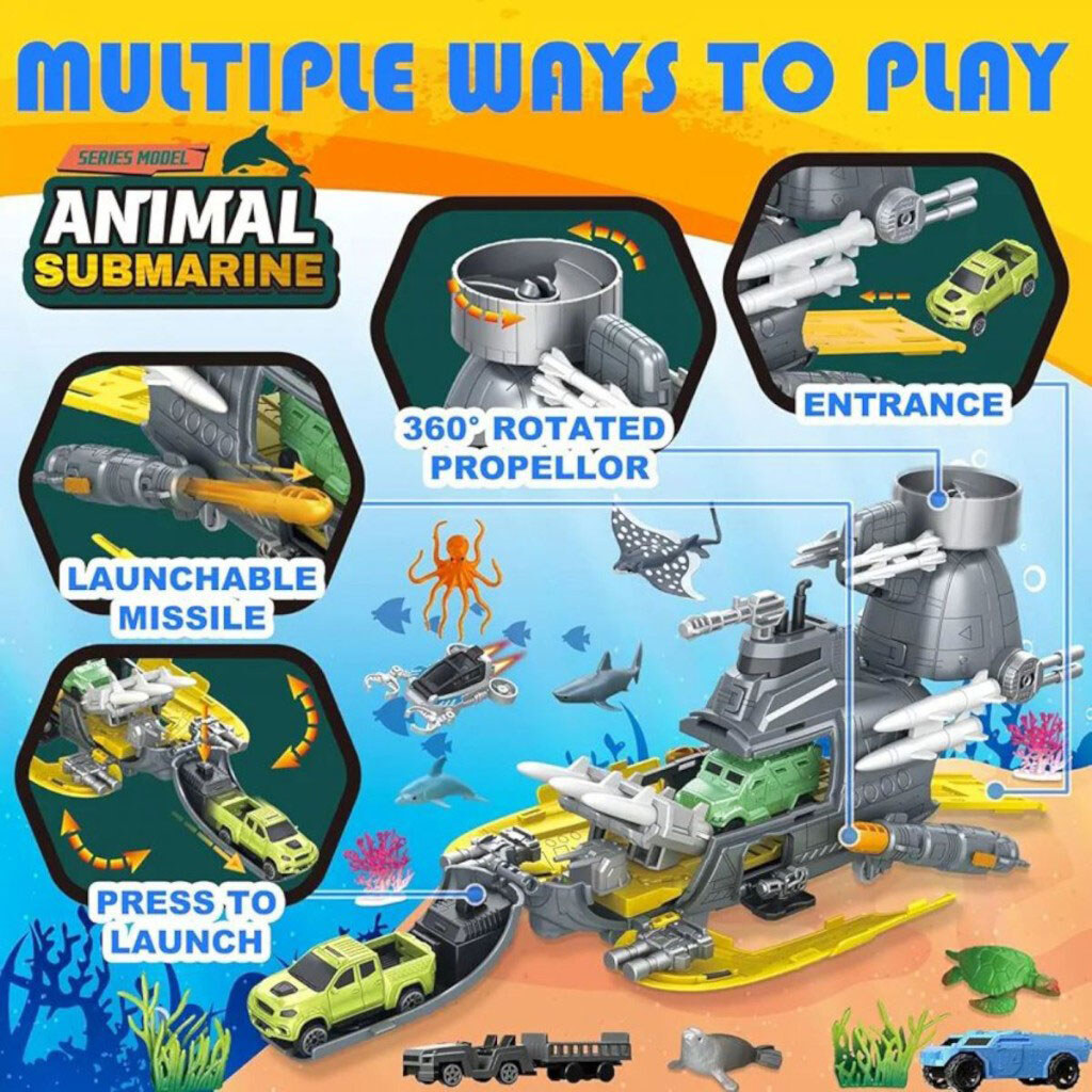 Підводний човен "Субмарина", 6 фігурок тварин, розкладається, механічний запускач, 2 гармати, снаряди, рухомі елементи, в коробці, Mic - № 4 Підводний човен "Субмарина", 6 фігурок тварин, розкладається, механічний запускач, 2 гармати, снаряди, рухомі елементи, в коробці, Mic - № 4