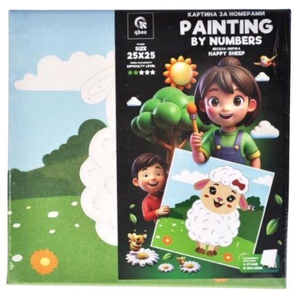 Картина по номерам "Веселая Овца", 25х25 см, с деревянной подставкой, Qbee - № 1 Картина по номерам "Веселая Овца", 25х25 см, с деревянной подставкой, Qbee - № 1
