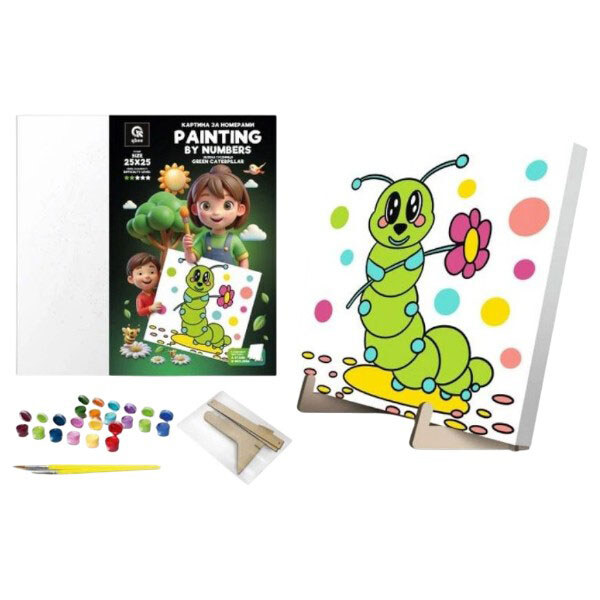 Картина по номерам "Зеленая Гусеница", 25х25 см, с деревянной подставкой, Qbee - № 2 Картина по номерам "Зеленая Гусеница", 25х25 см, с деревянной подставкой, Qbee - № 2