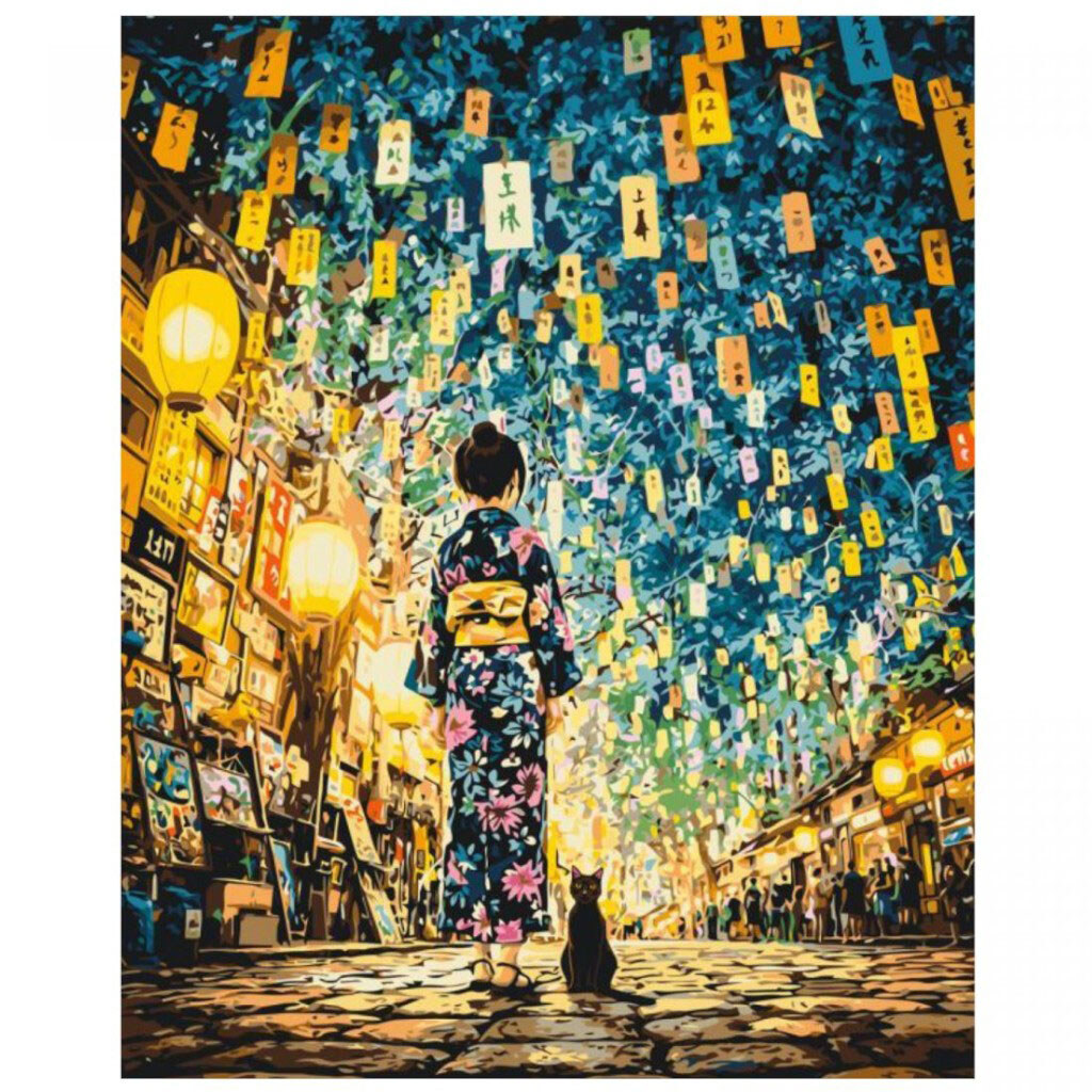 Картина по номерам "Японская ночь. Девушка с котом", 40x50 см, Origami - № 1 Картина по номерам "Японская ночь. Девушка с котом", 40x50 см, Origami - № 1