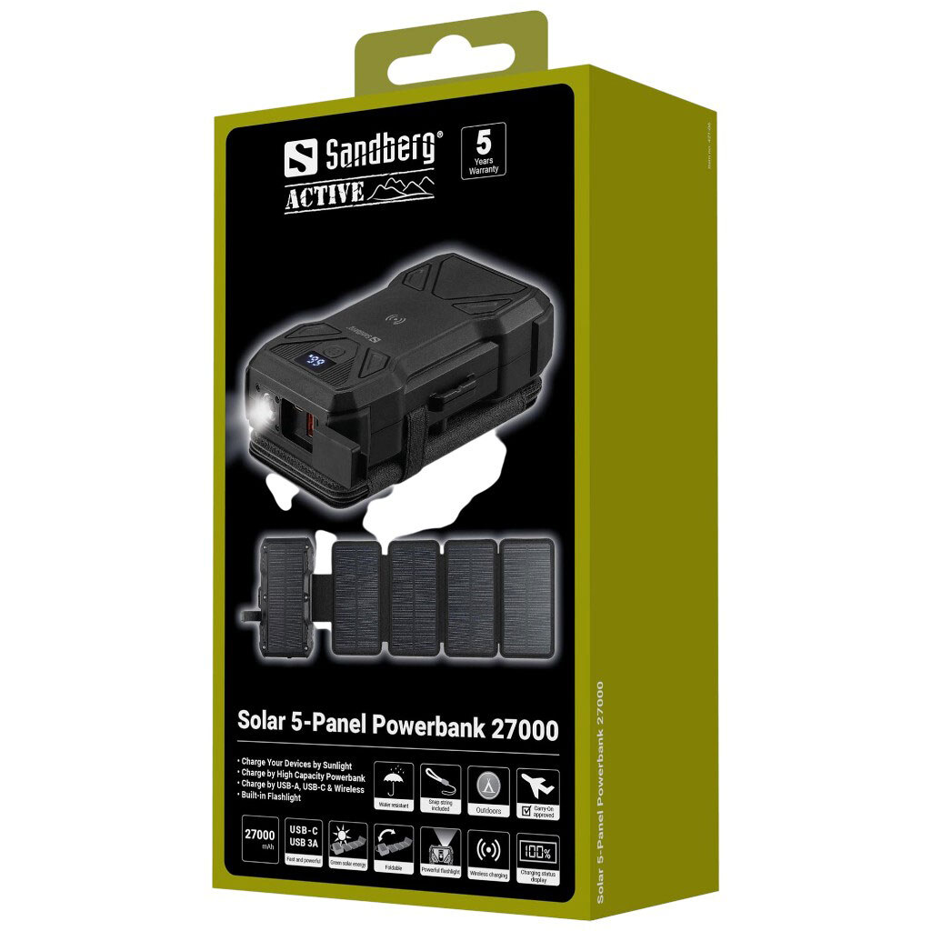 Портативная батарея (Power Bank) Sandberg Solar 5-Panel Powerbank 421-06, 27000 mAh, Черный - № 10 Портативная батарея (Power Bank) Sandberg Solar 5-Panel Powerbank 421-06, 27000 mAh, Черный - № 10
