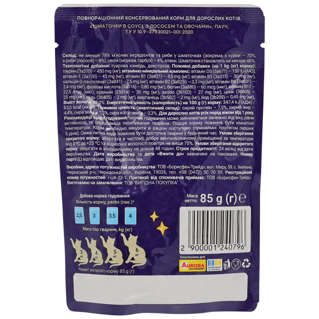 Корм для кошек "Мясные кусочки в соусе с лососем и овощами", пауч 85 г - № 2 Корм для кошек "Мясные кусочки в соусе с лососем и овощами", пауч 85 г - № 2