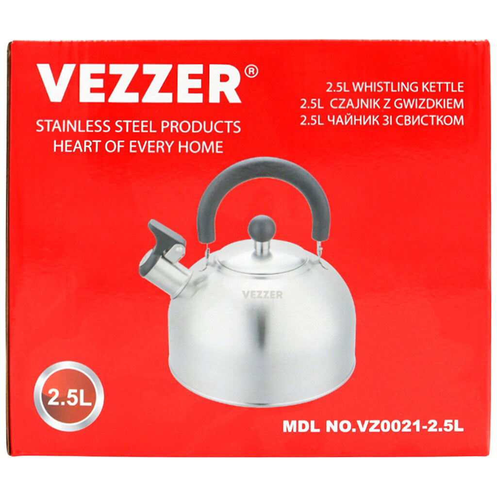Чайник із нержавіючої сталі зі свистком VEZZER, 2,5 л - № 4 Чайник із нержавіючої сталі зі свистком VEZZER, 2,5 л - № 4
