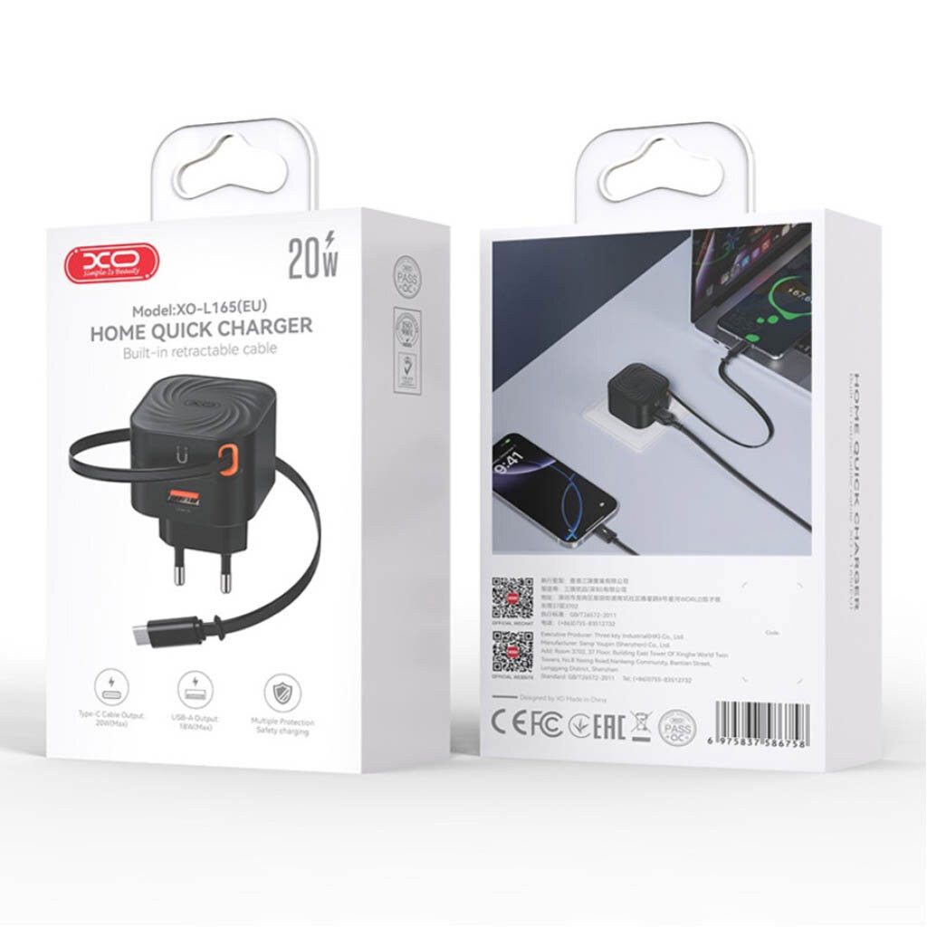 СЗУ XO L165 Telescopic, С кабелем, Type-C, Черный - № 7 СЗУ XO L165 Telescopic, С кабелем, Type-C, Черный - № 7