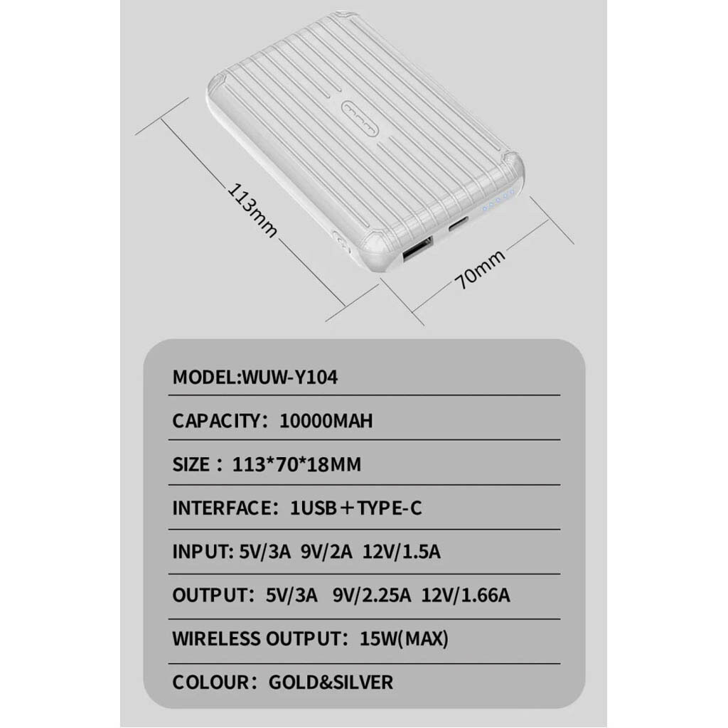 Портативная батарея (Power Bank) WUW Y104, 10000 mAh, Золотой - № 8 Портативная батарея (Power Bank) WUW Y104, 10000 mAh, Золотой - № 8
