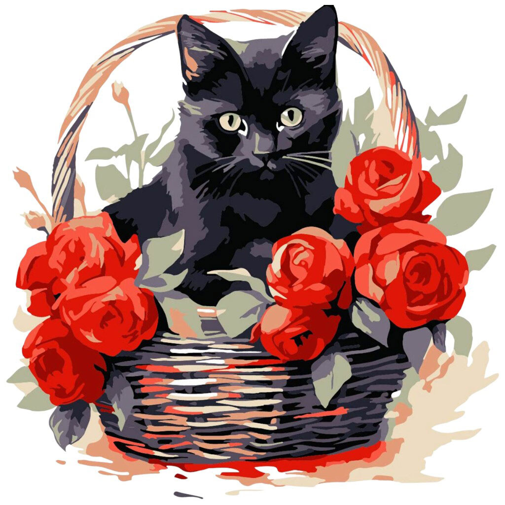 Картина за номерами "Чорна кішка з трояндами", 20х20 см, Strateg - № 1 Картина за номерами "Чорна кішка з трояндами", 20х20 см, Strateg - № 1