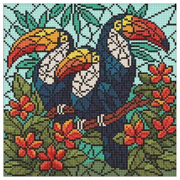 Алмазна мозаїка "Вітраж. Тріо туканів", 30х30см, Ідейка - № 1 Алмазна мозаїка "Вітраж. Тріо туканів", 30х30см, Ідейка - № 1