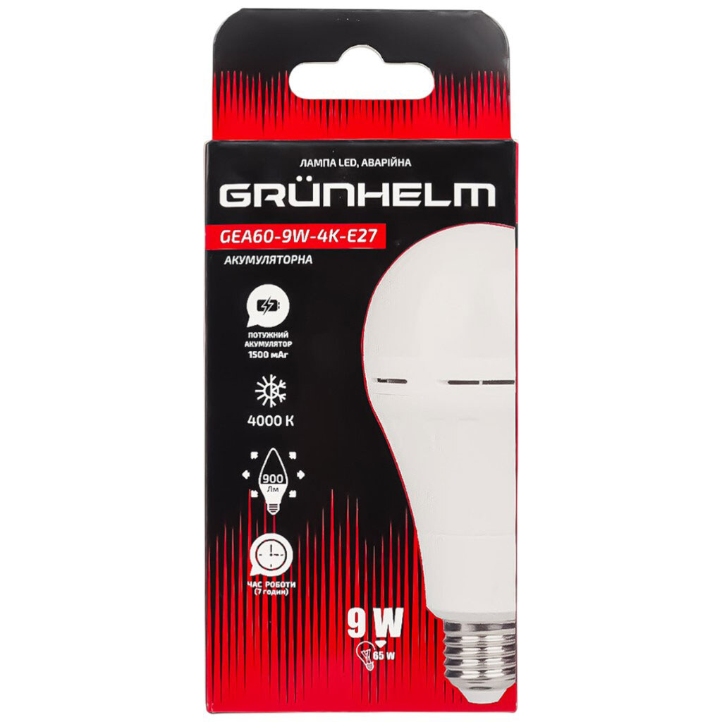 Лампа LED аккумуляторная аварийная GRUNHELM GEA60-9W-4K-E27 - № 2 Лампа LED аккумуляторная аварийная GRUNHELM GEA60-9W-4K-E27 - № 2