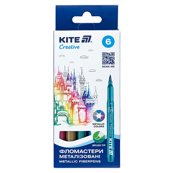 Фломастери-пензлики "Creative", набір 6шт, металізований, Kite - № 1 Фломастери-пензлики "Creative", набір 6шт, металізований, Kite - № 1
