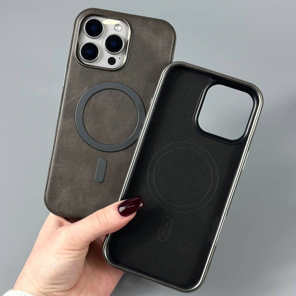 Чехол (накладка) Apple iPhone 16 Pro Max, Leather Magnetic Metal Frame, MagSafe, Коричневый - № 9 Чехол (накладка) Apple iPhone 16 Pro Max, Leather Magnetic Metal Frame, MagSafe, Коричневый - № 9