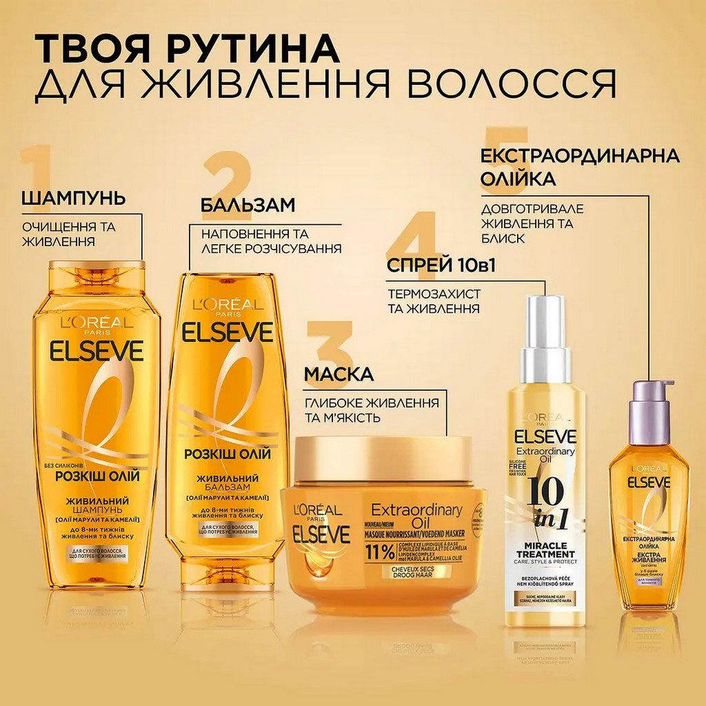 Шампунь для сухого волосся LOREAL ELSEVE Розкіш олій, 400 мл - № 5 Шампунь для сухого волосся LOREAL ELSEVE Розкіш олій, 400 мл - № 5