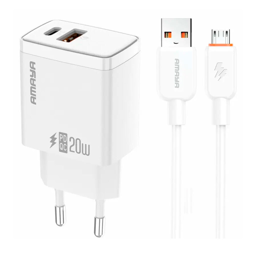 СЗУ Amaya E67D, С кабелем, MicroUSB, Белый - № 1 СЗУ Amaya E67D, С кабелем, MicroUSB, Белый - № 1
