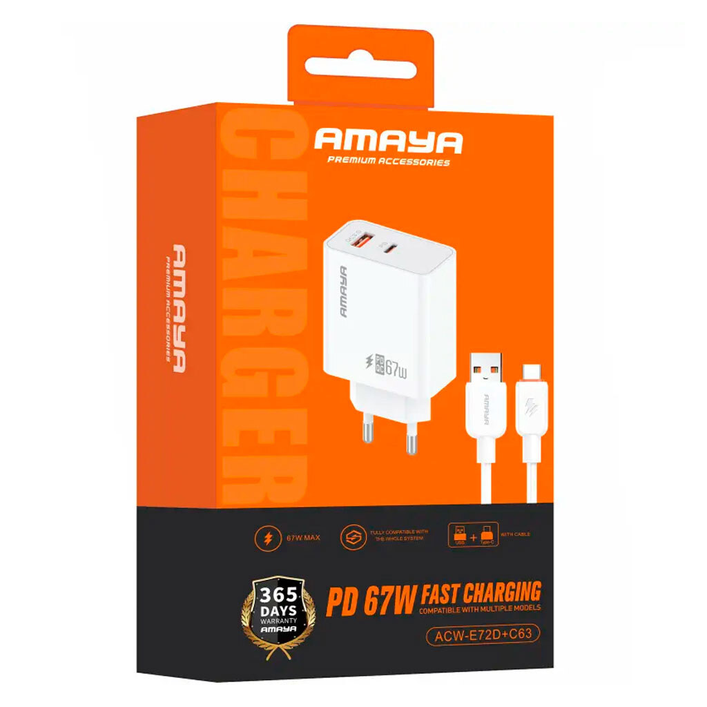 СЗУ Amaya E72D, С кабелем, Type-C, Белый - № 2 СЗУ Amaya E72D, С кабелем, Type-C, Белый - № 2
