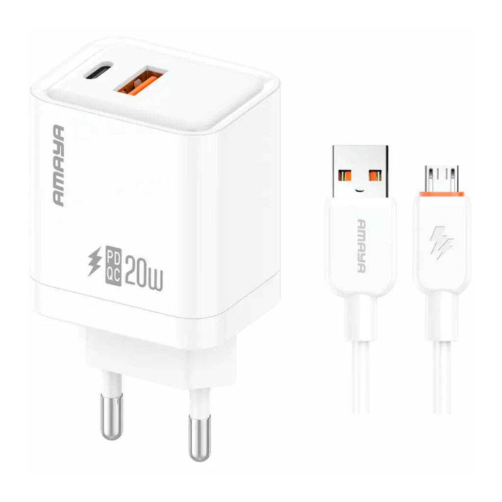 СЗУ Amaya E77D, С кабелем, MicroUSB, Белый - № 1 СЗУ Amaya E77D, С кабелем, MicroUSB, Белый - № 1