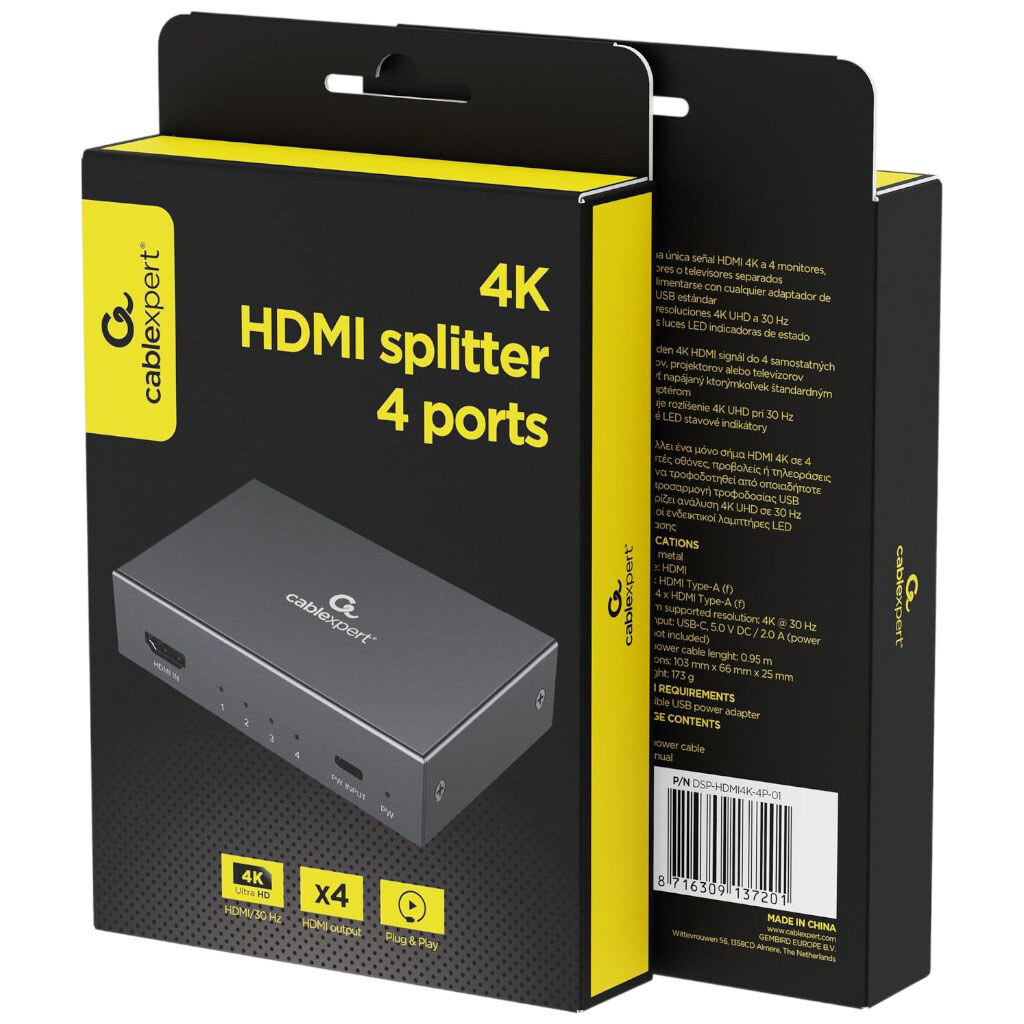 Сплиттер Cablexpert DSP-HDMI4K-4P-01, Черный - № 3 Сплиттер Cablexpert DSP-HDMI4K-4P-01, Черный - № 3