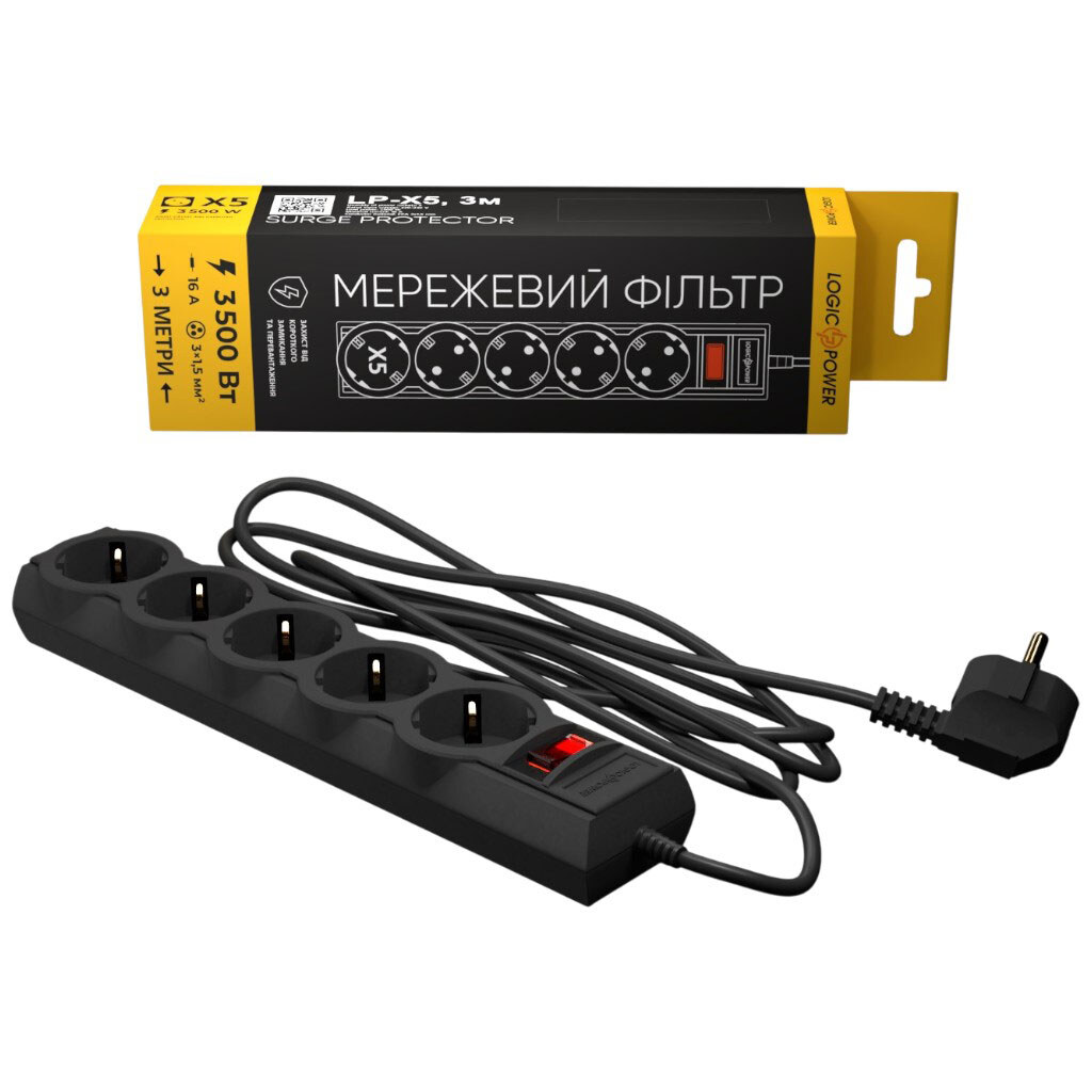 Сетевой удлинитель LogicPower LP-X5 Premium, 3.0 м., Черный - № 2 Сетевой удлинитель LogicPower LP-X5 Premium, 3.0 м., Черный - № 2