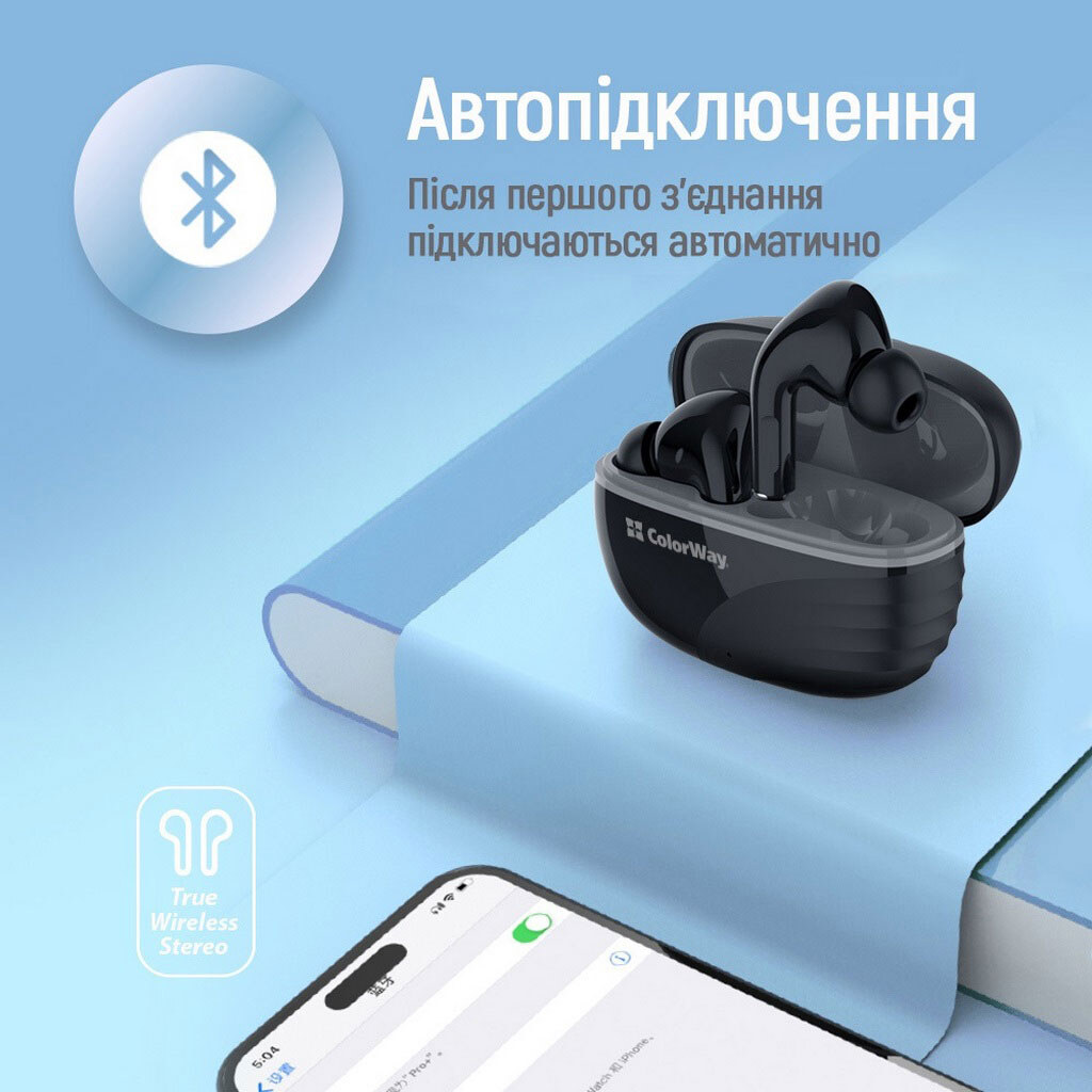 Bluetooth-гарнітура СolorWay Slim TWS-5 Earbuds, З мікрофоном, Стерео, Чорний - № 4 Bluetooth-гарнітура СolorWay Slim TWS-5 Earbuds, З мікрофоном, Стерео, Чорний - № 4