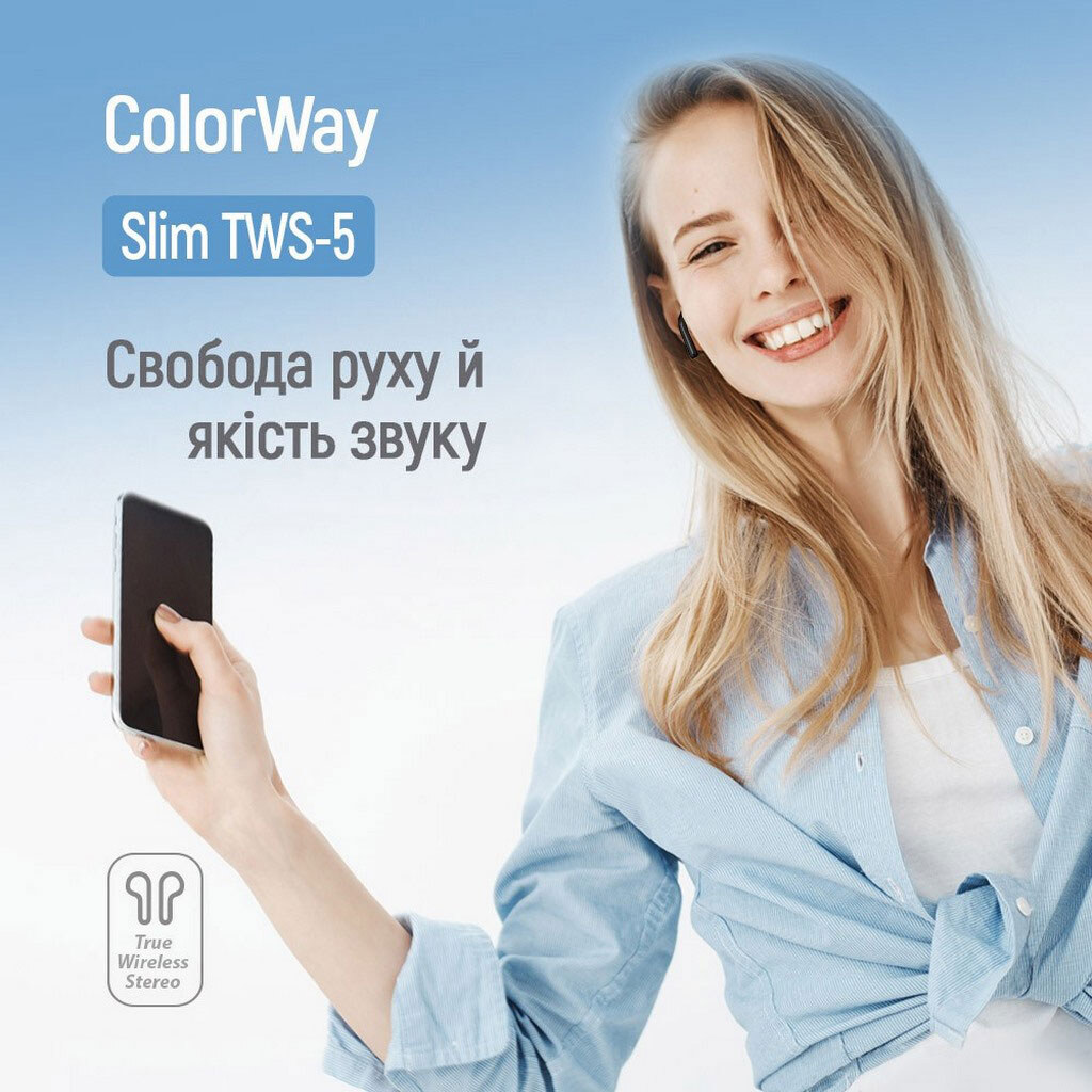 Bluetooth-гарнітура СolorWay Slim TWS-5 Earbuds, З мікрофоном, Стерео, Чорний - № 6 Bluetooth-гарнітура СolorWay Slim TWS-5 Earbuds, З мікрофоном, Стерео, Чорний - № 6
