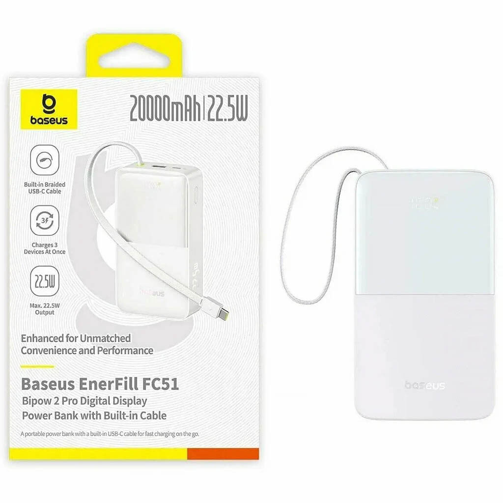 Портативная батарея (Power Bank) Baseus E00277 EnerFill FC51 Bipow2 Pro, 20000 mAh, Белый - № 3 Портативная батарея (Power Bank) Baseus E00277 EnerFill FC51 Bipow2 Pro, 20000 mAh, Белый - № 3