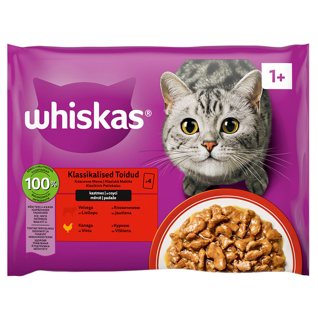 Набір корму для котів WHISKAS з яловичиною, куркою, 85 г х 4 шт/уп. - № 1 Набір корму для котів WHISKAS з яловичиною, куркою, 85 г х 4 шт/уп. - № 1