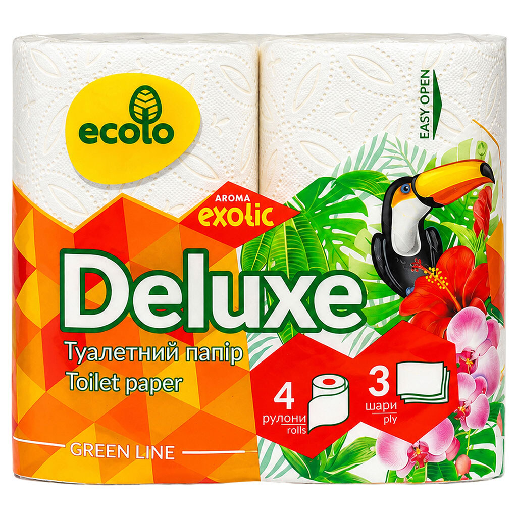 Набор бумаги туалетной Ecolo Deluxе Экзотик, 3 слоя, 4 шт/уп. - № 1 Набор бумаги туалетной Ecolo Deluxе Экзотик, 3 слоя, 4 шт/уп. - № 1