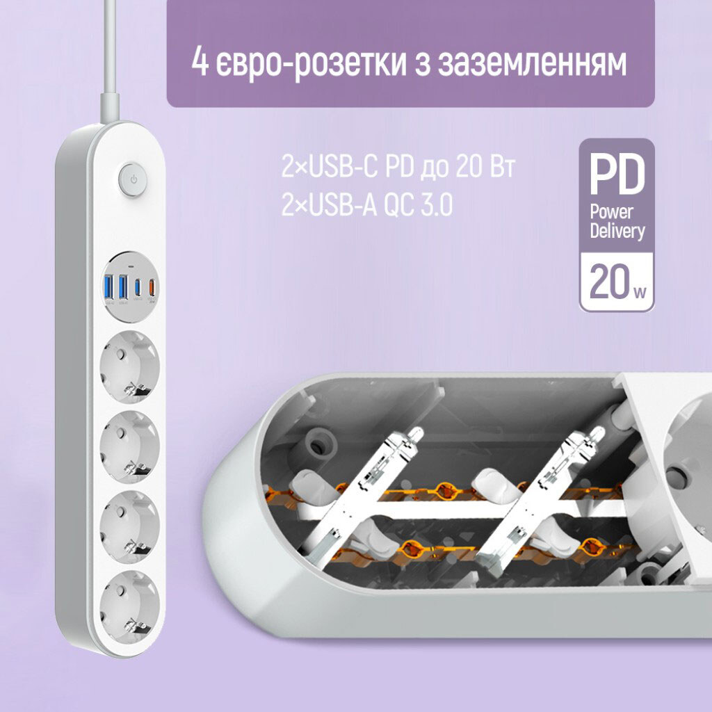 Сетевой удлинитель ColorWay CW-CHE44PDW, 2.0 м., Белый - № 8 Сетевой удлинитель ColorWay CW-CHE44PDW, 2.0 м., Белый - № 8