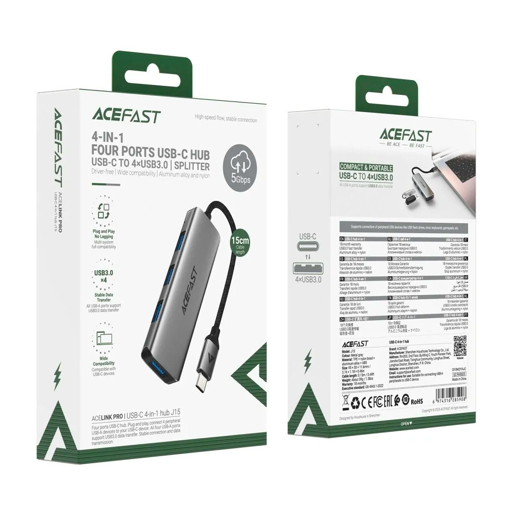 USB Hub AceFast J15, Серый - № 5 USB Hub AceFast J15, Серый - № 5
