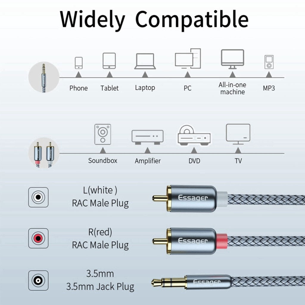 Кабель Essager Monster EYPZJ-MYA0H, RCA, 2.0 м., 3.5 мм., Серый - № 5 Кабель Essager Monster EYPZJ-MYA0H, RCA, 2.0 м., 3.5 мм., Серый - № 5