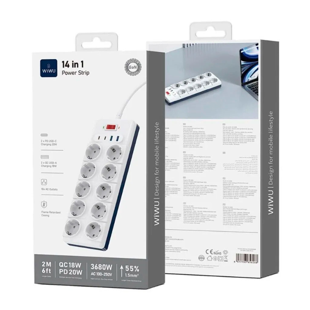 Сетевой удлинитель Wiwu Wi-S008 Power Strip, 2.0 м., Белый - № 2 Сетевой удлинитель Wiwu Wi-S008 Power Strip, 2.0 м., Белый - № 2