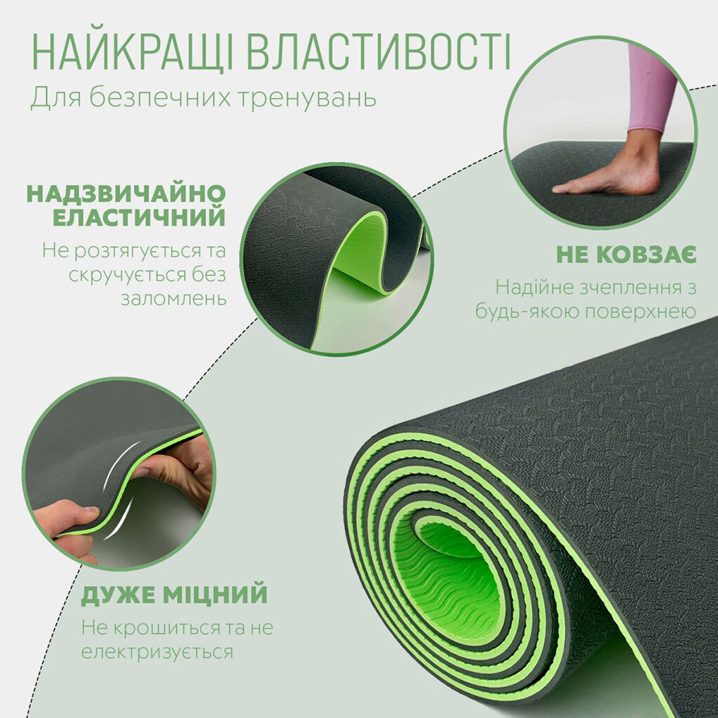Коврик для йоги и фитнеса , TPE+TC, 6 мм, двухслойный, черный-зеленый - № 3 Коврик для йоги и фитнеса , TPE+TC, 6 мм, двухслойный, черный-зеленый - № 3