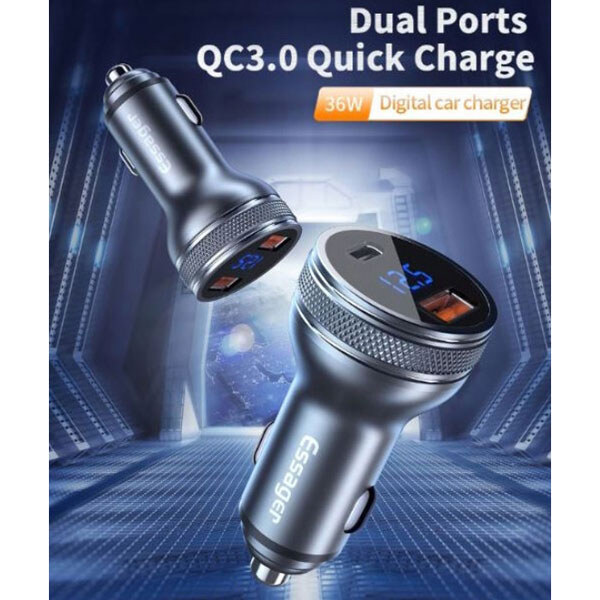 USB-зарядка для авто ESSAGER PD3.0 QC3.0 36W серая металлическая - № 2 USB-зарядка для авто ESSAGER PD3.0 QC3.0 36W серая металлическая - № 2