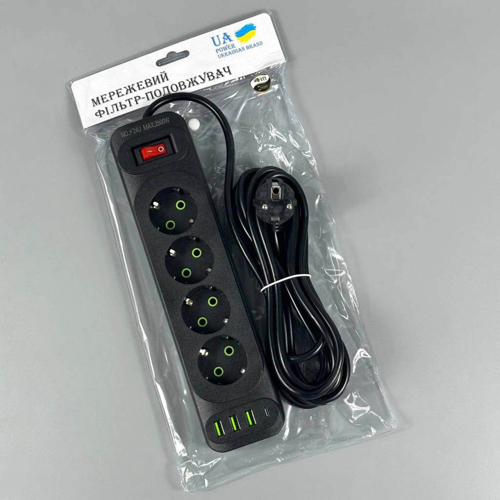 Сетевой удлинитель UA Power F24U, 6.0 м., Черный - № 6 Сетевой удлинитель UA Power F24U, 6.0 м., Черный - № 6