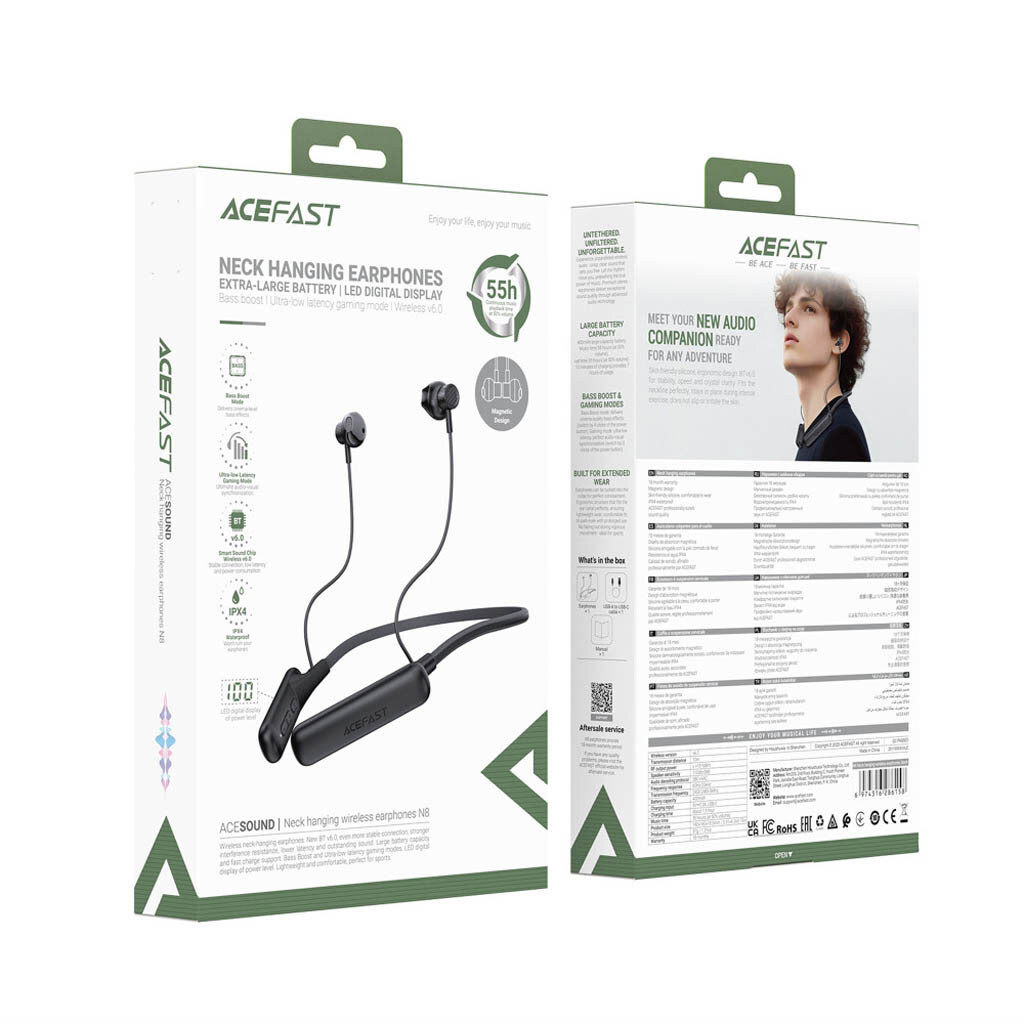 Bluetooth-гарнитура AceFast N8 Sport, Стерео, Черный - № 8 Bluetooth-гарнитура AceFast N8 Sport, Стерео, Черный - № 8