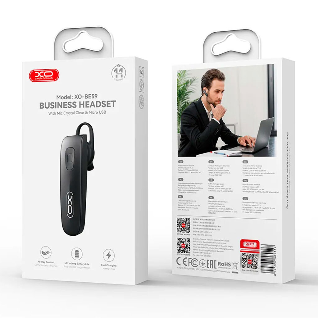 Bluetooth-гарнітура XO BE59 Business, Моно, Чорний - № 2 Bluetooth-гарнітура XO BE59 Business, Моно, Чорний - № 2